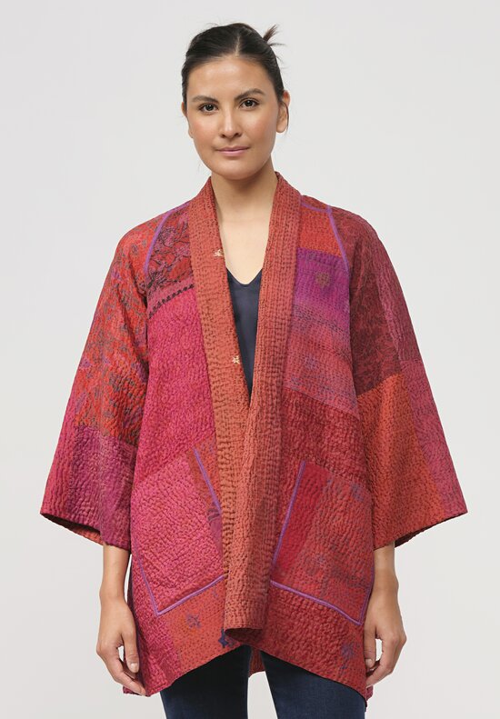 Mieko Mintz Silk Jacquard Kantha Jacket in Orange, Purple & Red	