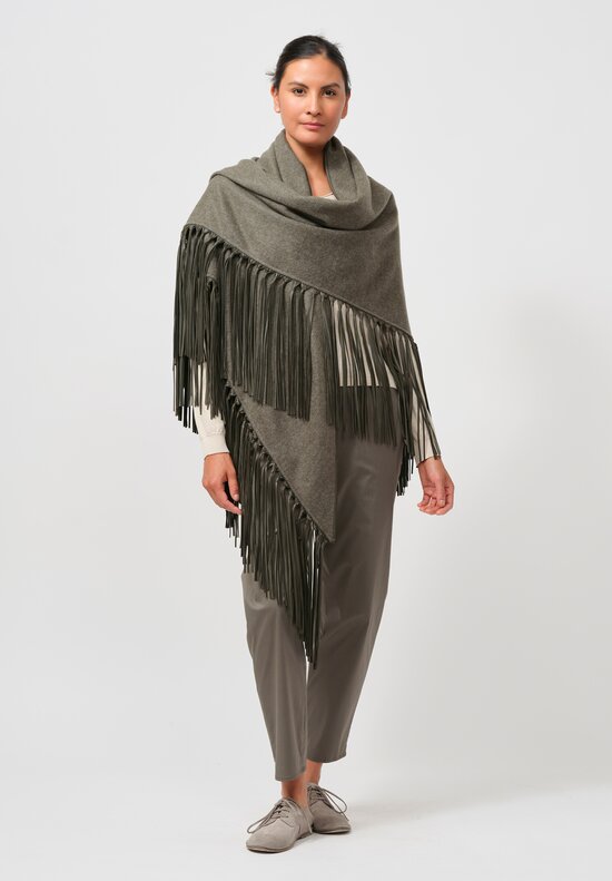 Alonpi Cashmere Mantello Triangolo Shawl with Leather Fringe in Forest Green	