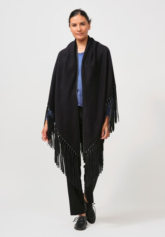 Alonpi Cashmere Mantello Triangolo Shawl with Leather Fringe in Hurricane Blue	