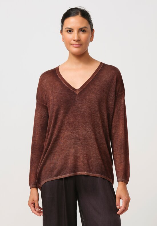 Avant Toi Cashmere & Silk Hand-Painted V-Neck Sweater in Nero Cuoio Brown	