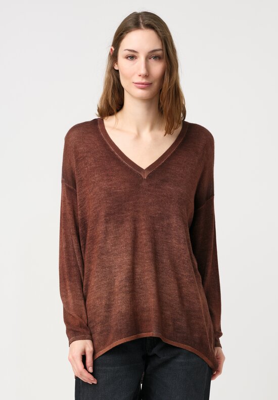 Avant Toi Cashmere & Silk Hand-Painted Maglia V-Neck Sweater in Nero & Cuoio Brown