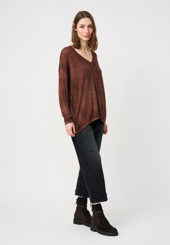 Avant Toi Cashmere & Silk Hand-Painted Maglia V-Neck Sweater in Nero & Cuoio Brown