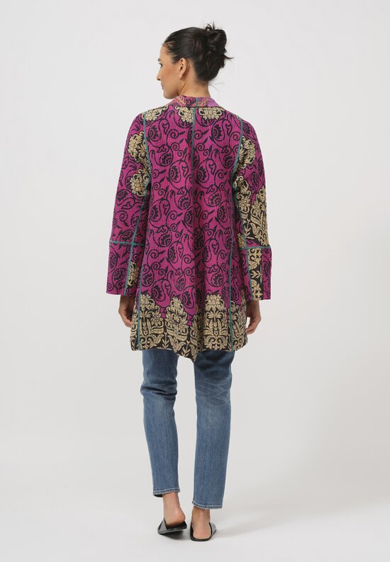 Mieko Mintz Vintage Cotton Kantha Flare Coat in Purple, Natural & Blue	