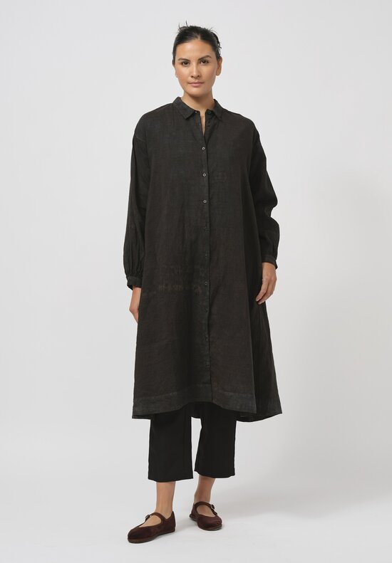 Kaval High-Count Linen Gathered Back Tunic in Ash Glaze Black	