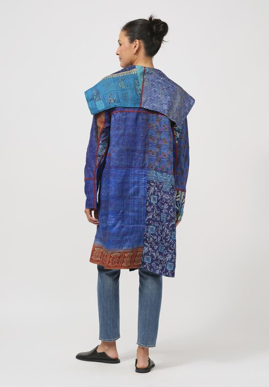Mieko Mintz Vintage Silk Kantha Long A-Line Jacket in Navy Blue & Turquoise	