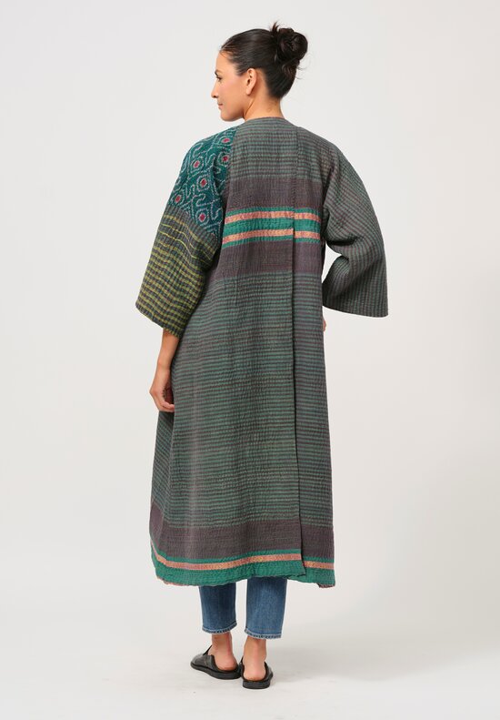 Mieko Mintz Vintage Cotton Kantha Kimono Coat in Forest Green & Purple	