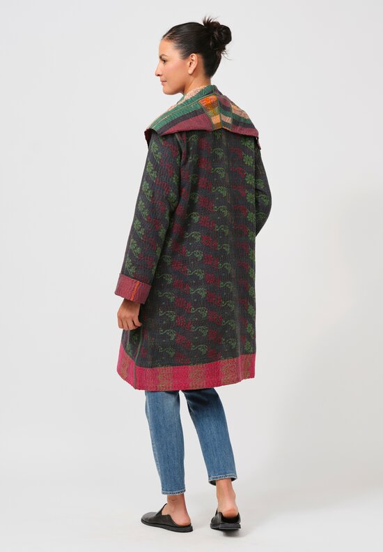 Mieko Mintz Vintage Cotton Kantha Pocket Medium Coat in Green, Cream & Red	
