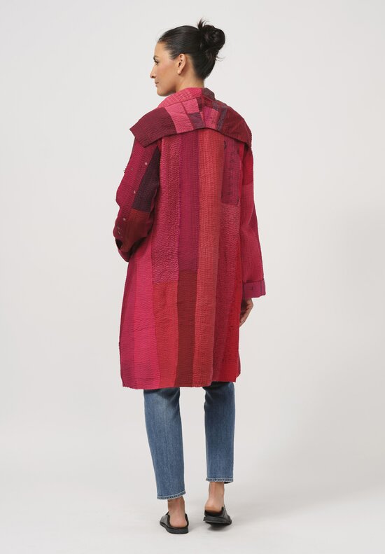 Mieko Mintz Cotton Silk Kantha Coat in Stripe & Check Red	