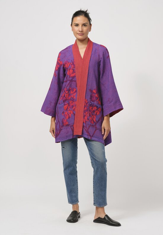 Mieko Mintz Blooming Flowers Kantha A-Line Jacket in Purple & Red	