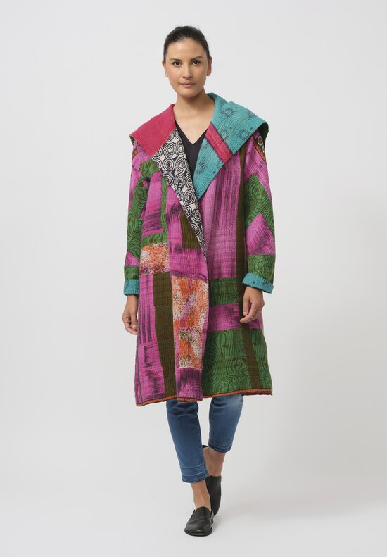 Mieko Mintz Vintage Cotton Kantha A-Line Coat in Pink & Green Hearts	