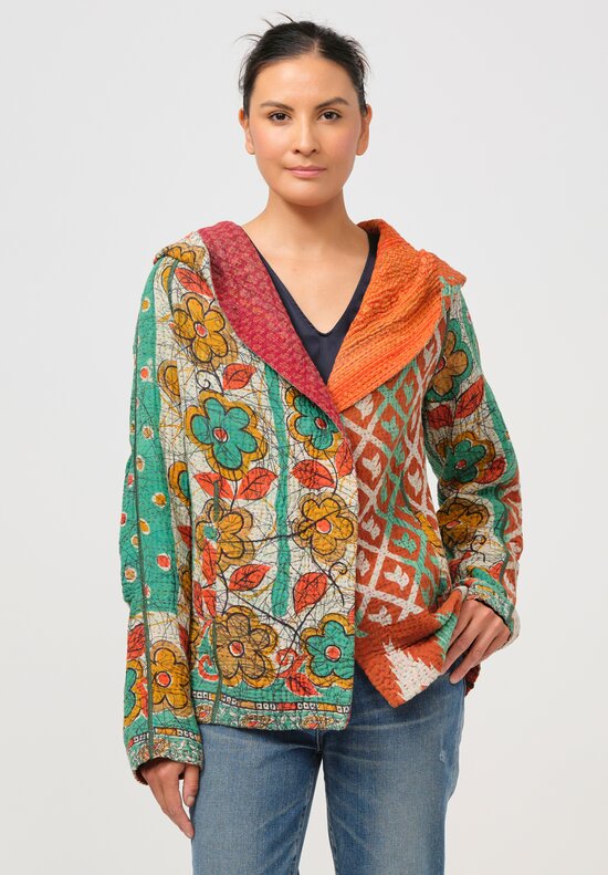 Mieko Mintz 4-Layer Vintage Cotton Kantha Hooded Jacket in Orange & Green Floral	