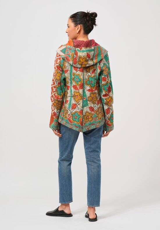 Mieko Mintz 4-Layer Vintage Cotton Kantha Hooded Jacket in Orange & Green Floral	