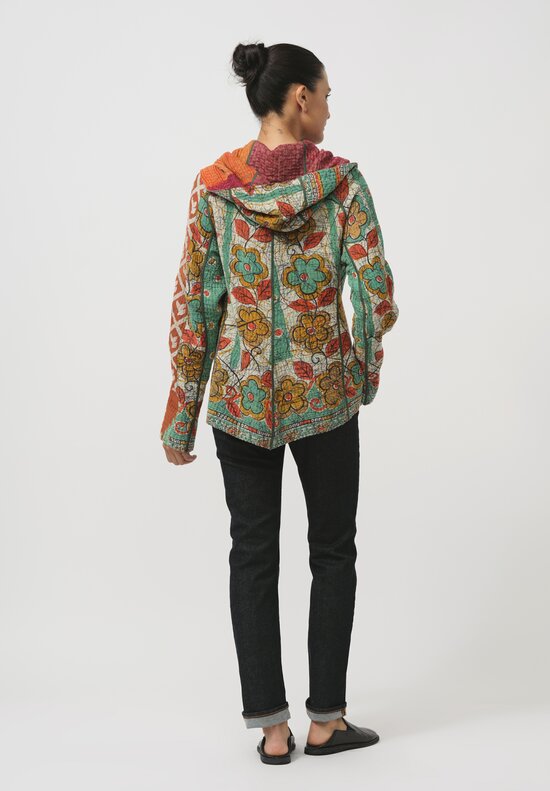 Mieko Mintz 4-Layer Vintage Cotton Kantha Hooded Jacket in Orange & Green Floral	