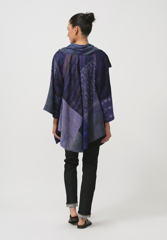 Mieko Mintz Georgette Silk Patch Circular Long Jacket in Blue & Purple Melange	