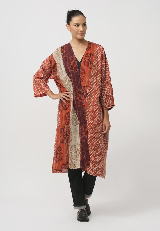 Mieko Mintz Cotton Kantha Kimono Coat in Red & Orange Mandala	