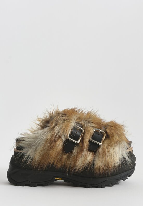 Sacai Faux Fur Platform Slides in Black & Brown	