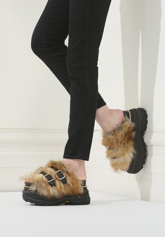 Sacai Faux Fur Platform Slides in Black & Brown	