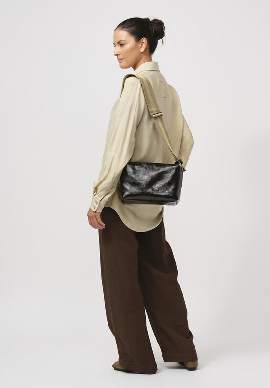 Uma Wang Medium Leather Shoulder Bag with Camera Strap in Black & Tan Strap	