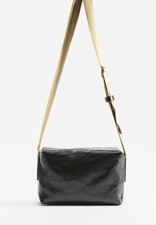 Uma Wang Medium Leather Shoulder Bag with Tan Camera Strap in Black	