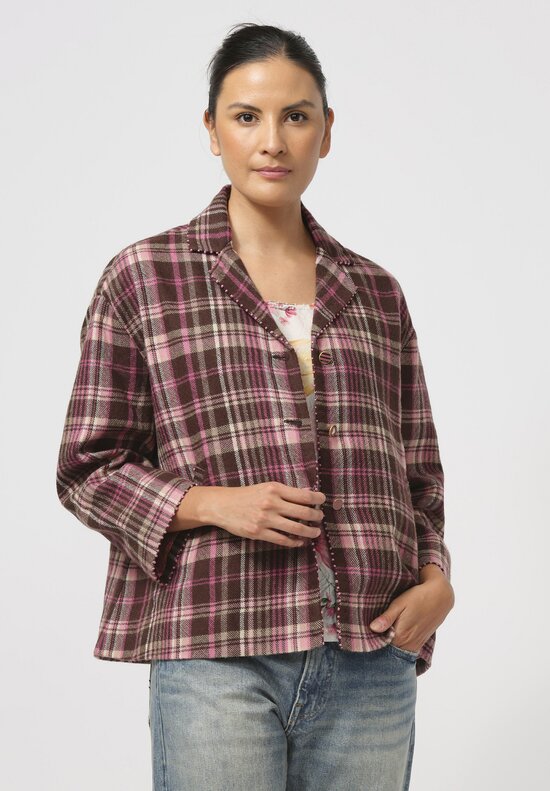 Péro Silk-Lined Wool Jacket in Pink & Brown Plaid	