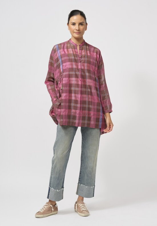 Péro Gathered Cotton & Silk Top in Pink & Brown Plaid	