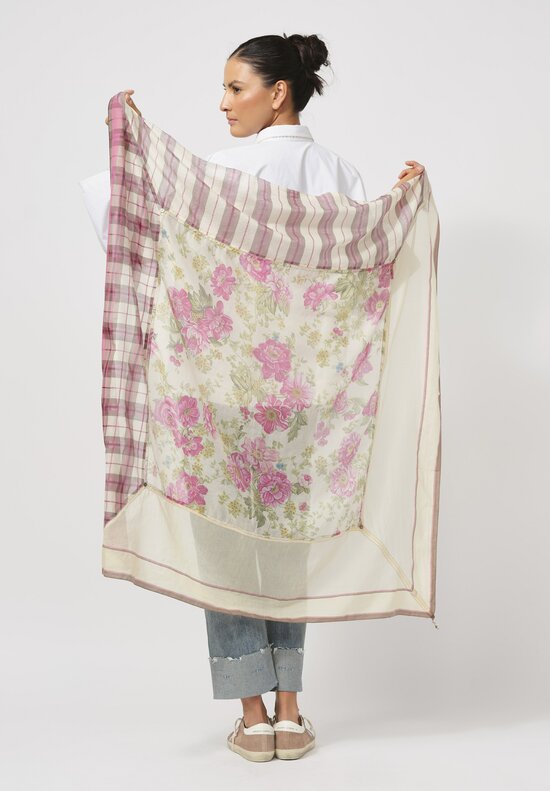 Péro Cotton & Silk Plaid Border Floral Scarf in Cream & Pink	