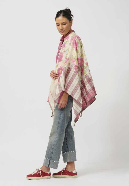 Péro Cotton & Silk Plaid Border Floral Scarf in Cream & Pink