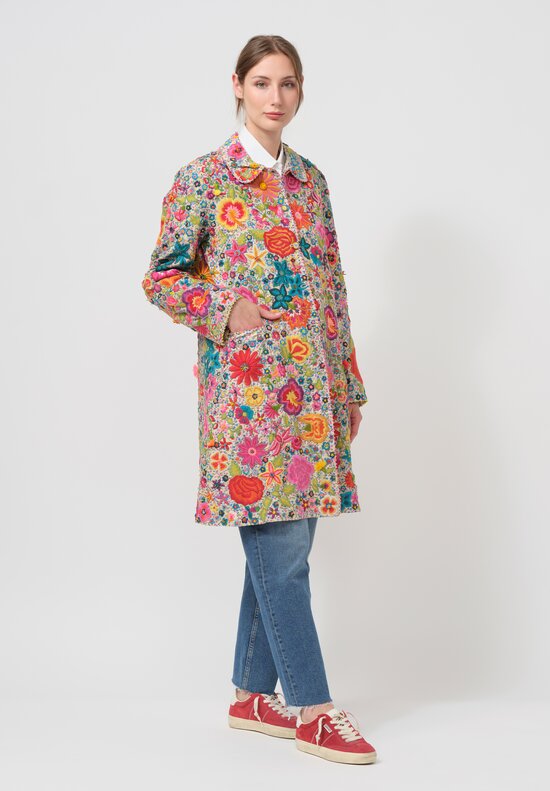 Péro Archival Cotton & Silk Embroidered Garden Coat c. 2015 in Pink & Blue Floral	