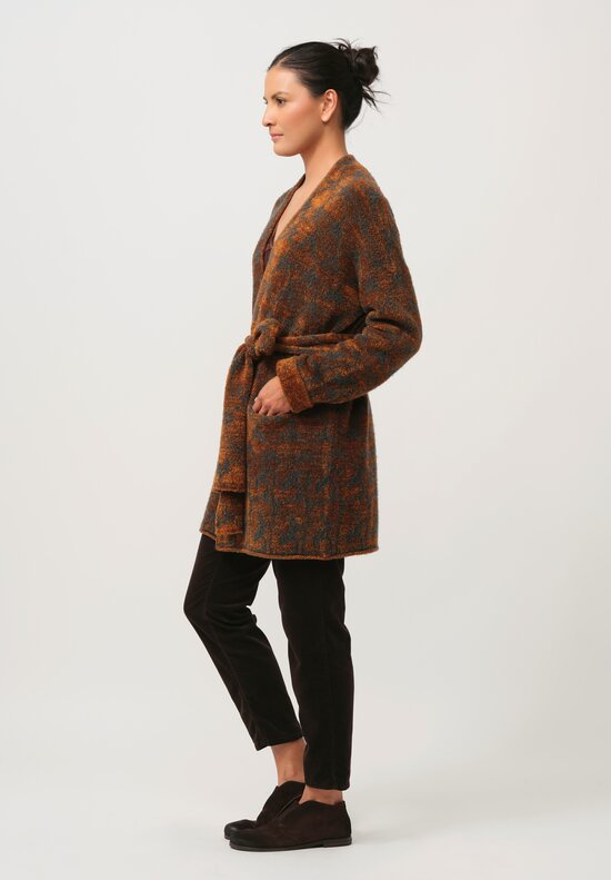 Lainey Keogh Hand-Knit Cashmere Belted Cardigan in Green & Copper Brown	