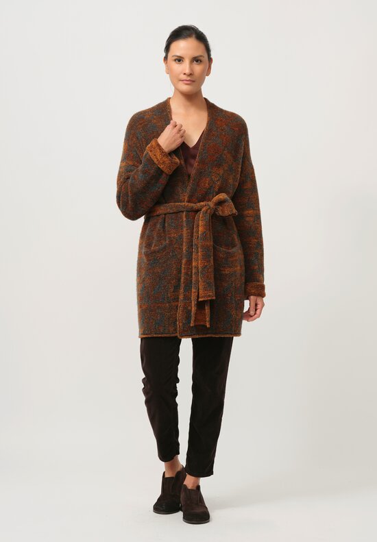 Lainey Keogh Hand-Knit Cashmere Belted Cardigan in Green & Copper Brown	