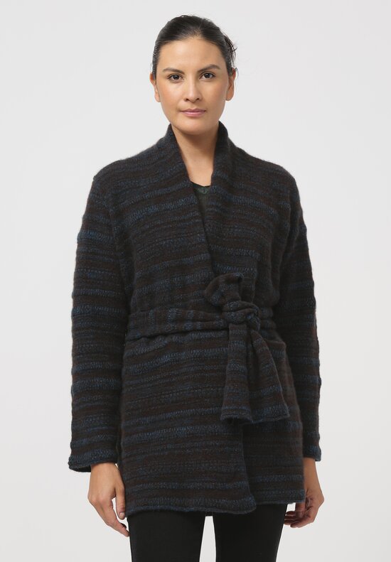 Lainey Keogh Textured Cashmere Belted Cardigan in Teal & Chocolate Brown	