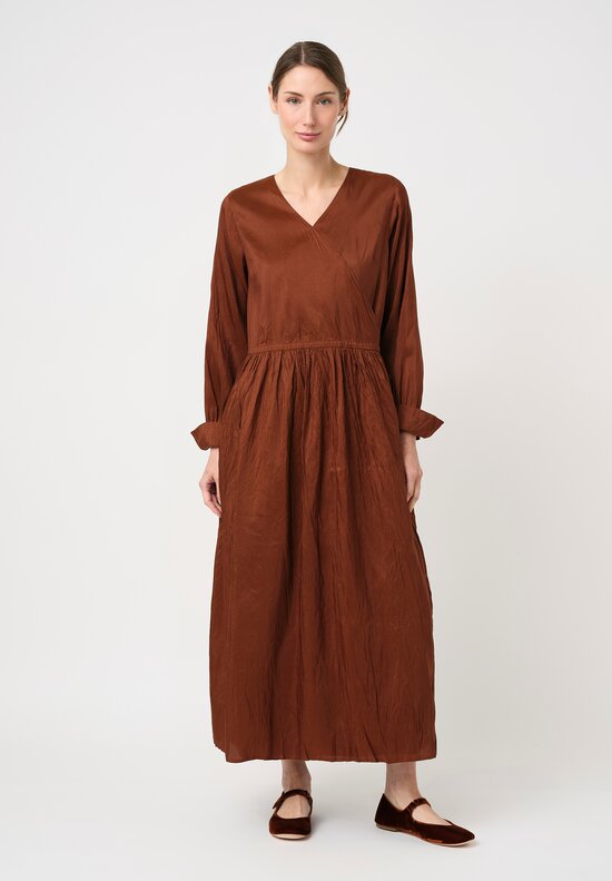 Christian Peau Gathered Silk Wrap Dress in Terracotta Brown	