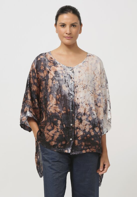 Gilda Midani Pattern-Dyed Linen Super Shirt in Deep Sea Black & Brown	