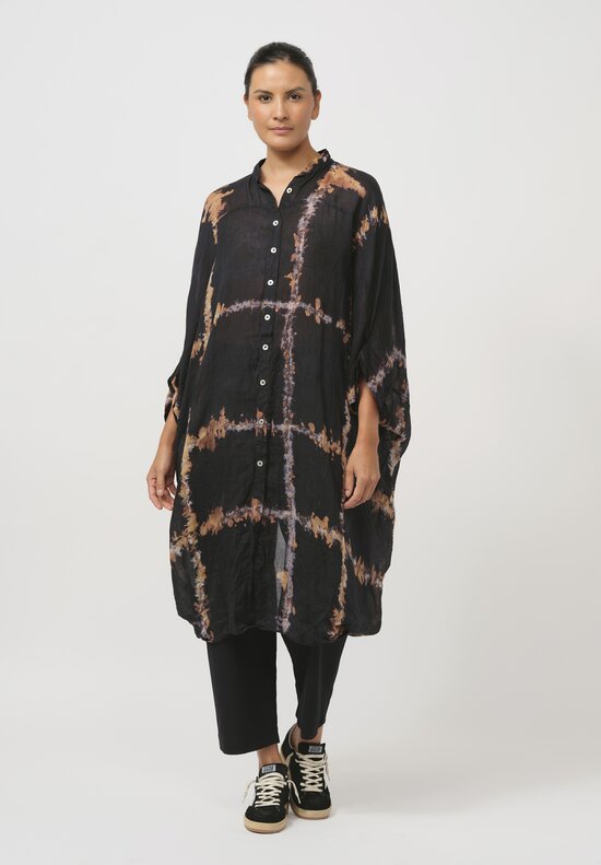  Gilda Midani Pattern-Dyed Linen Square Dress in Burning Black & Brown	