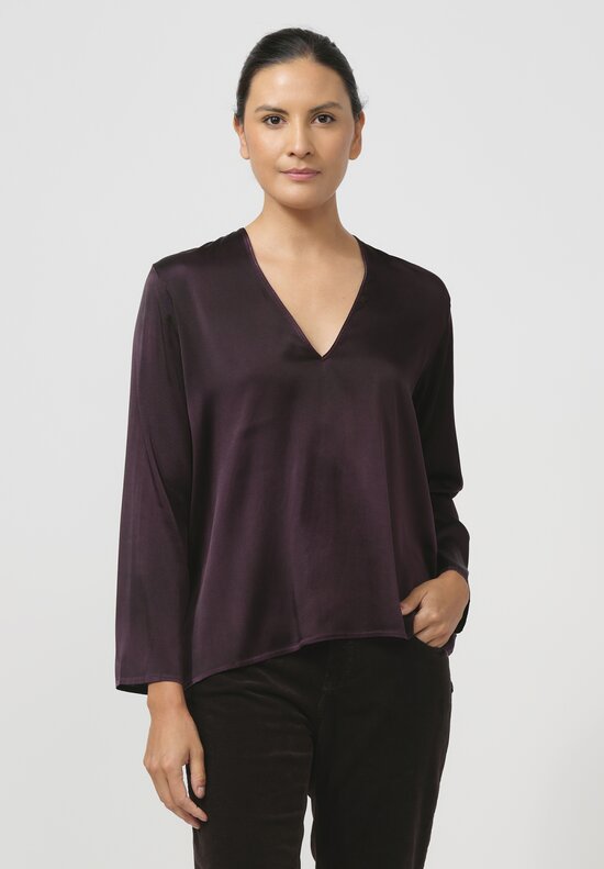 Avant Toi Hand-Painted Silk V-Neck Barchetta Top in Nero Mosto Purple	