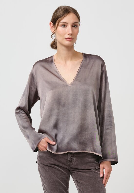 Avant Toi Hand-Painted Silk V-Neck Barchetta Top in Nero Avena Grey	