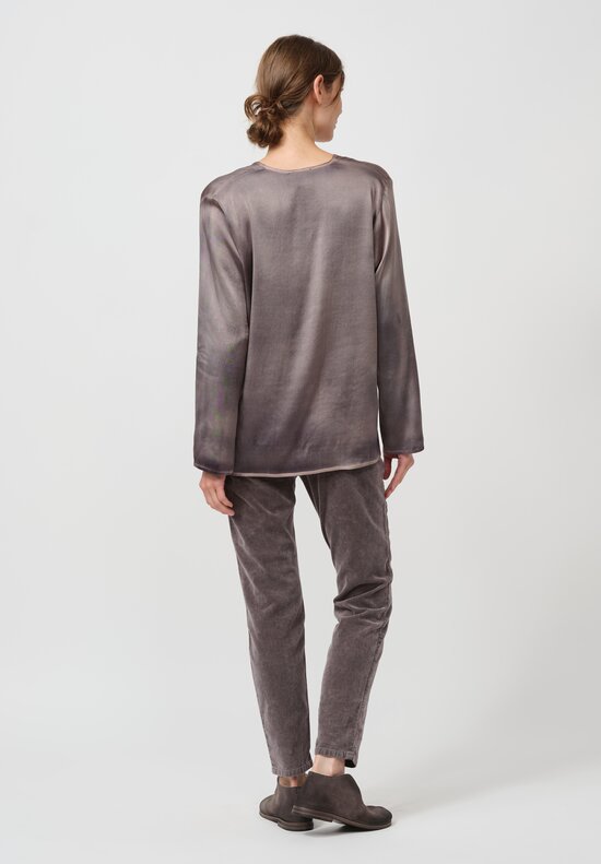 Avant Toi Hand-Painted Silk V-Neck Barchetta Top in Nero Avena Grey	