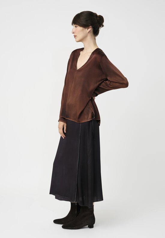 Avant Toi Hand-Painted Silk V-Neck Barchetta Top in Nero Brownie Brown	