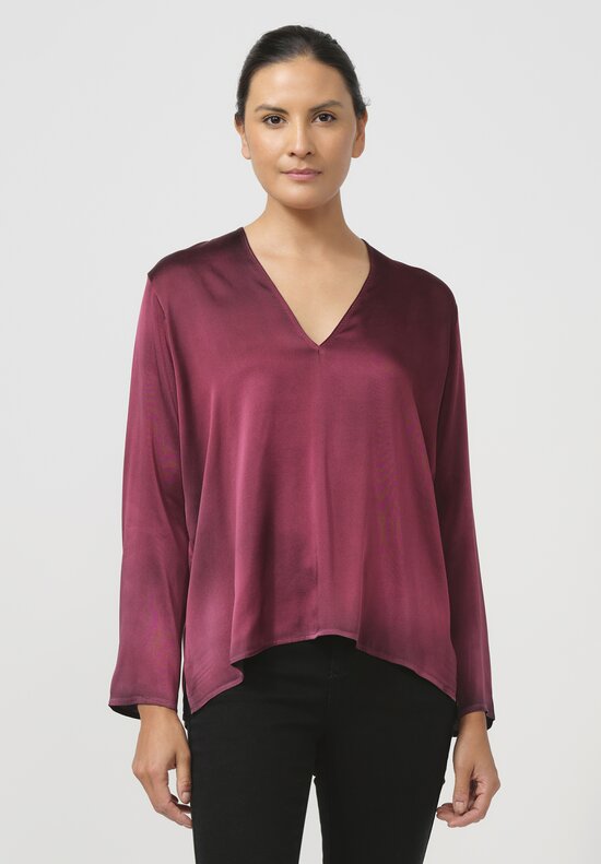 Avant Toi Hand-Painted Silk V-Neck Barchetta Top in Nero Wine Red	