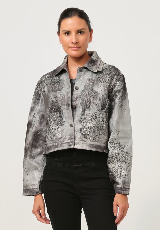 Avant Toi Studded Knit-Back Jean Jacket in Nero Ghiacco Grey	