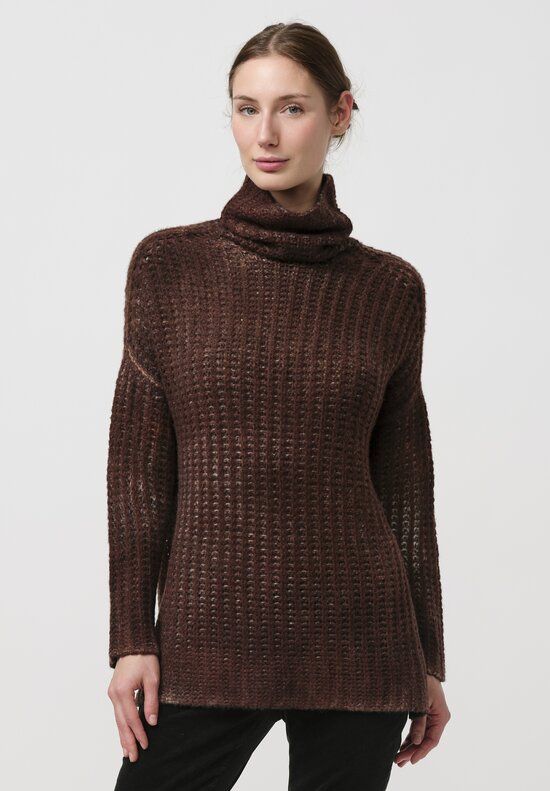 Avant Toi Hand-Painted Cashmere & Silk Pannocchia Turtleneck in Nero Brownie Brown	