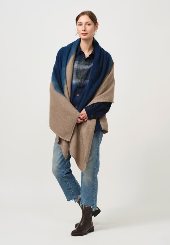 Suzusan Cashmere Shibori Travel Shawl in Blue & Brown Fog	