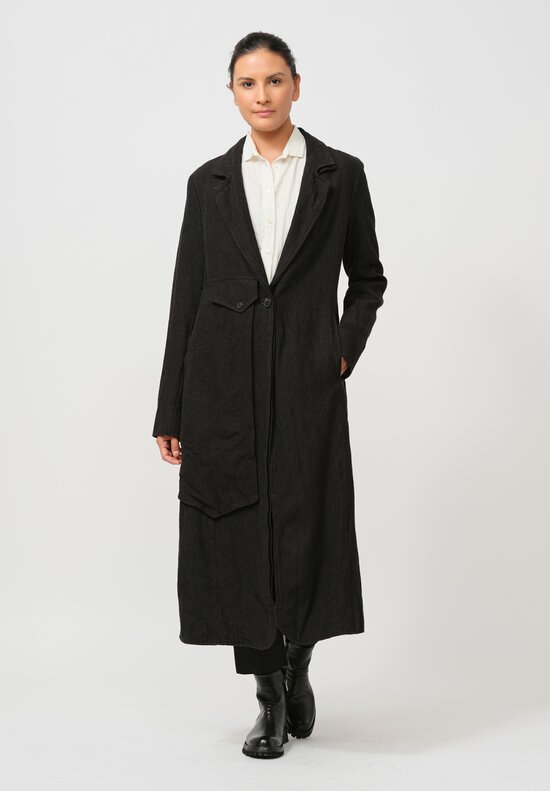 Rundholz Long Linen Overcoat in Black Melange	