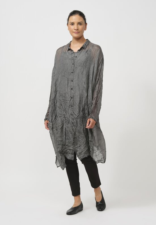 Rundholz Dip Relaxed Crinkled Silk Tunic in Coal Cloud Grey	