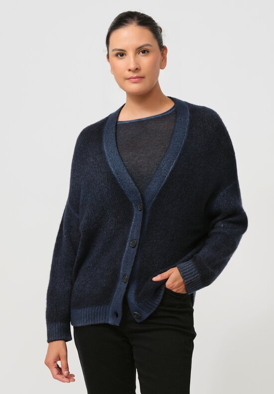 Avant Toi Cashmere & Silk Rasato Cardigan In Nero Fiume Blue	