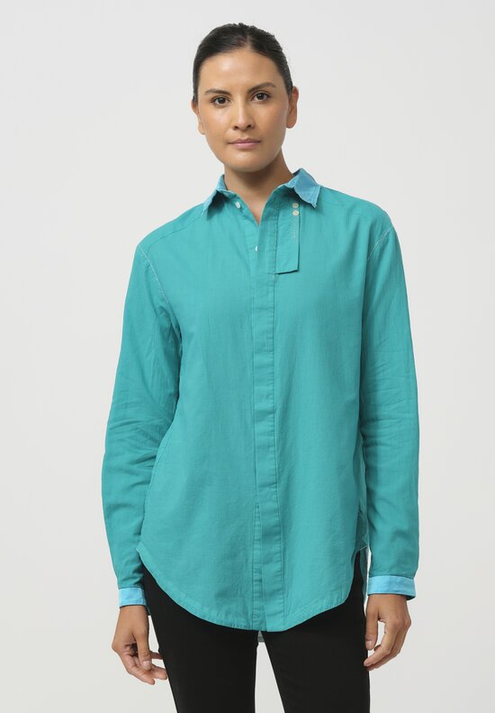 Umit Unal Silk-Collar Cotton Shirt in Turquoise Blue	