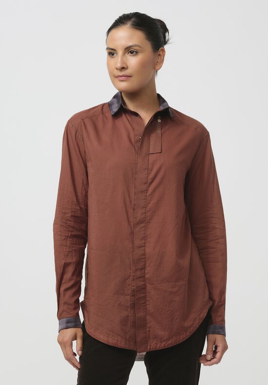 Umit Unal Silk-Collar Cotton Shirt in Rust Brown	