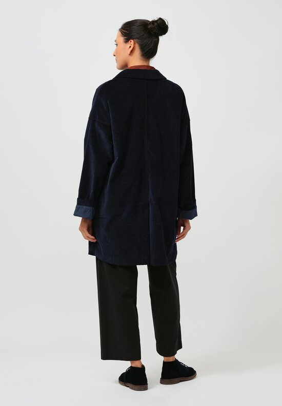 Album di Famiglia Cotton Velvet Long Blazer Coat in Ink Blue	