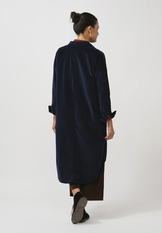 Album di Famiglia Cotton Velvet Long Shirt Dress in Ink Blue	