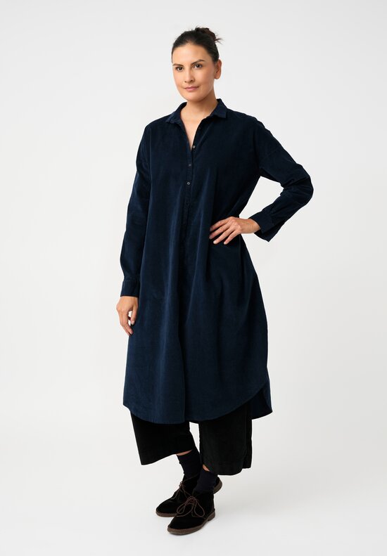 Album di Famiglia Cotton Velvet Long Shirt Dress in Ink Blue